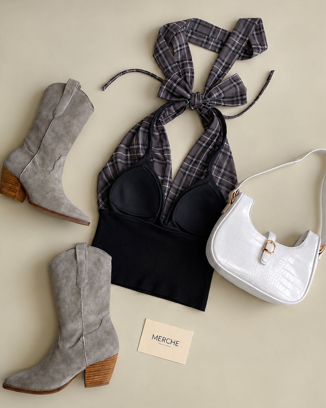 PLAID YOUR CARD PADDED COWL BOW-TIE BLACK HALTERNECK TOP