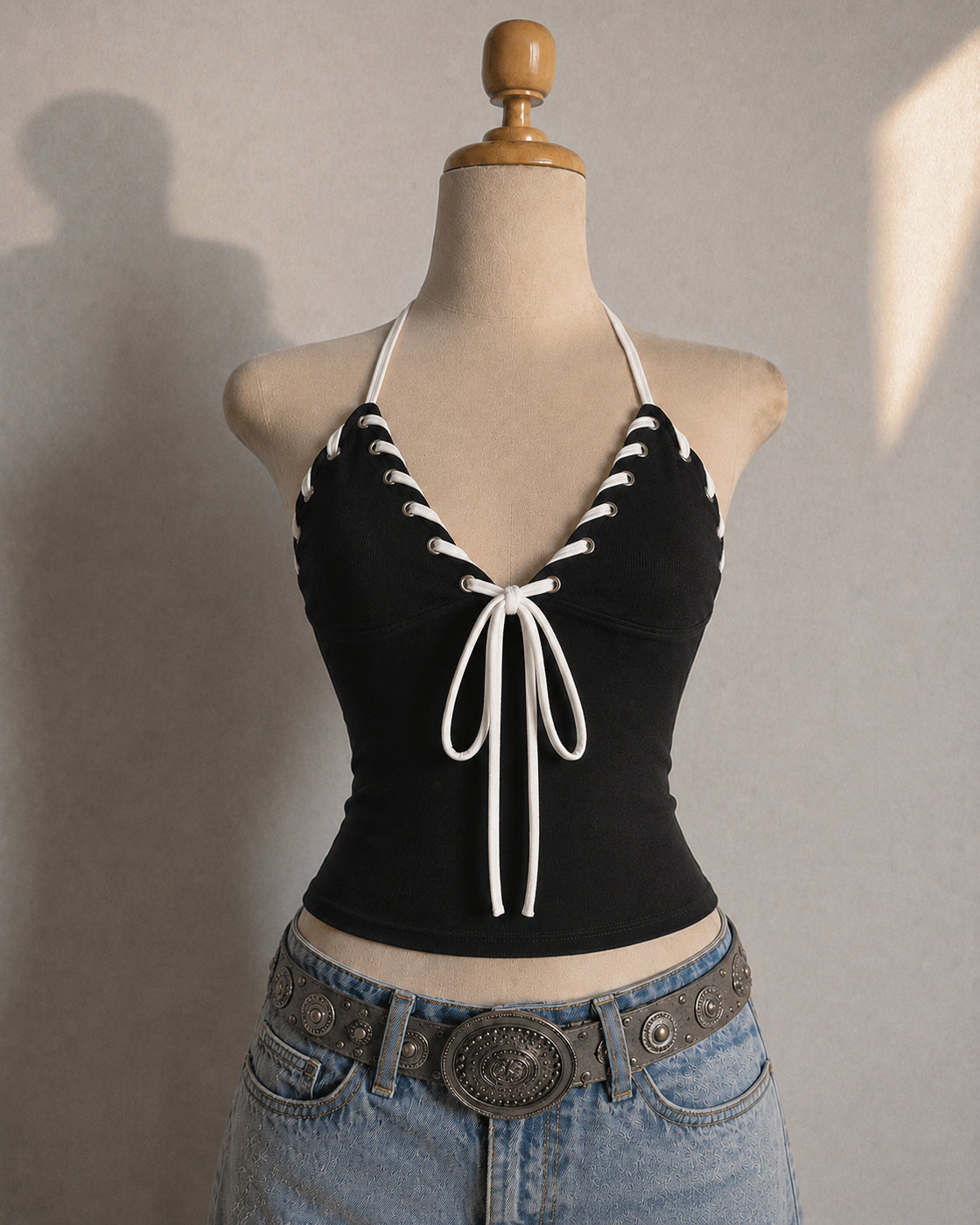 SHE’S UNFORGETTABLE LACE-UP BLACK HALTERNECK TOP