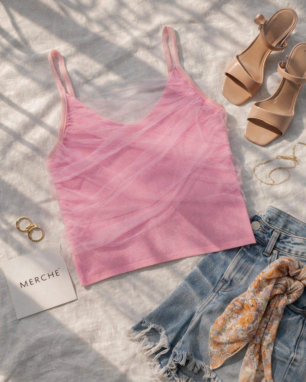 WINGS OF MINE MESH DRAPE PINK CAMI TOP
