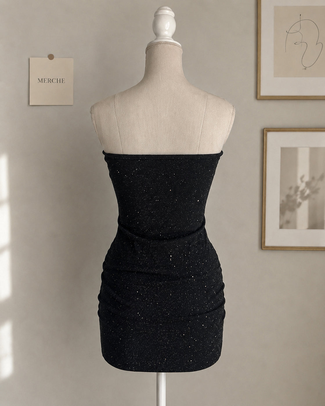 COCKTAIL HOUR SHIMMER COWL BLACK BANDEAU DRESS