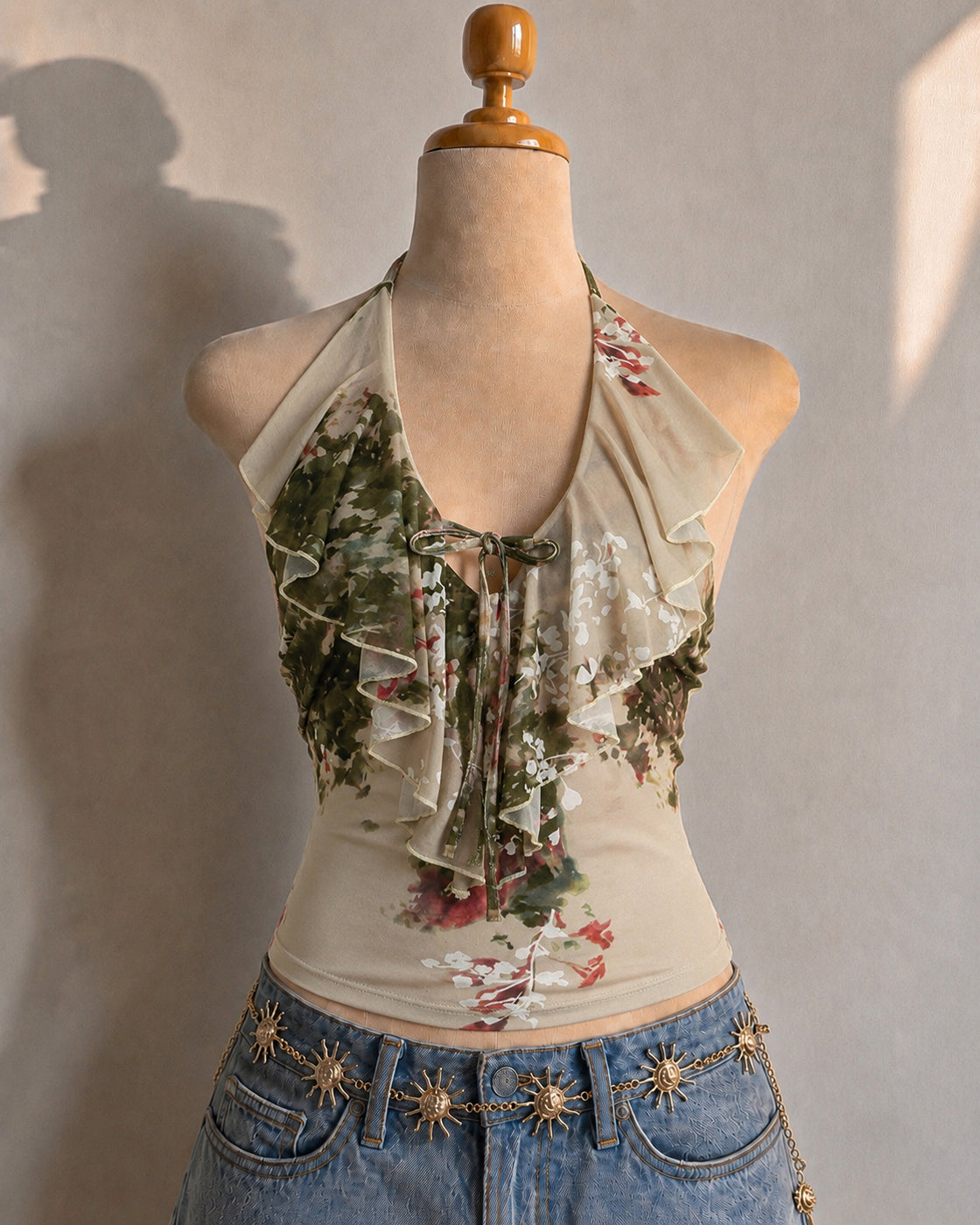 OUR CHEMISTRY RUFFLE MYSTICAL PRINT HALTERNECK TOP