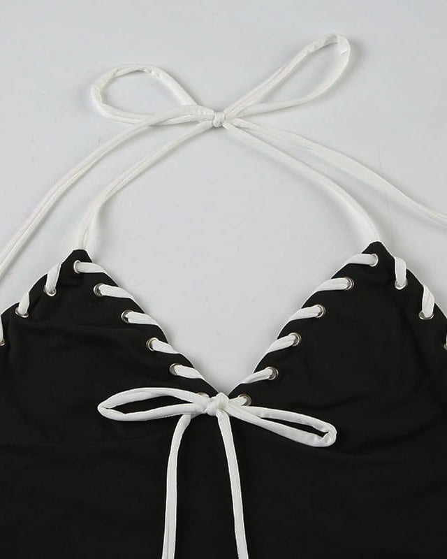 SHE’S UNFORGETTABLE LACE-UP BLACK HALTERNECK TOP