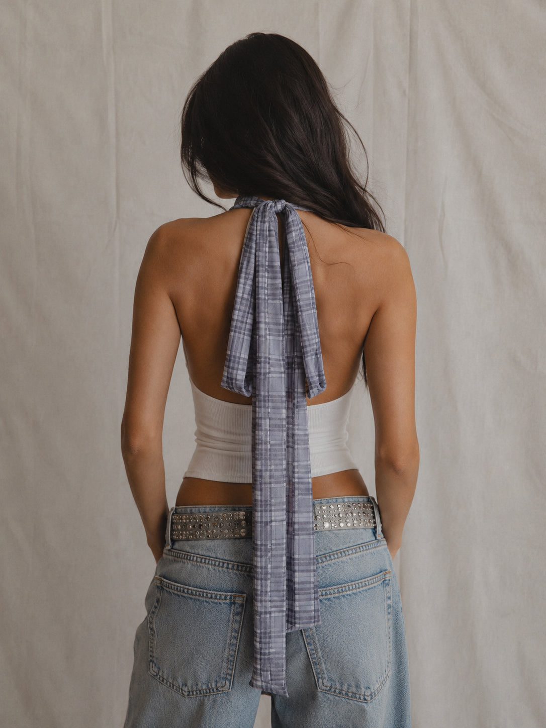 PLAID YOUR CARD PADDED COWL BOW-TIE HALTERNECK TOP