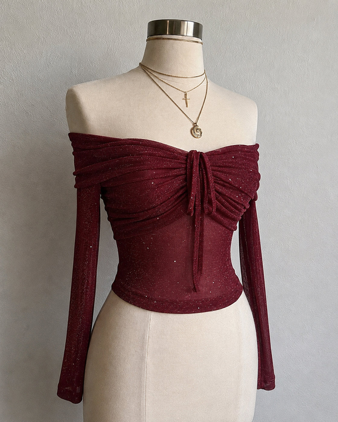 SHORES OF LOVE SHIMMER DEEP RED RUCHED DRAWSTRING TOP