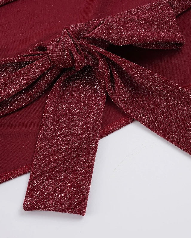 LALA LAND SHIMMER BOW-BACK COWL MAROON HALTERNECK TOP
