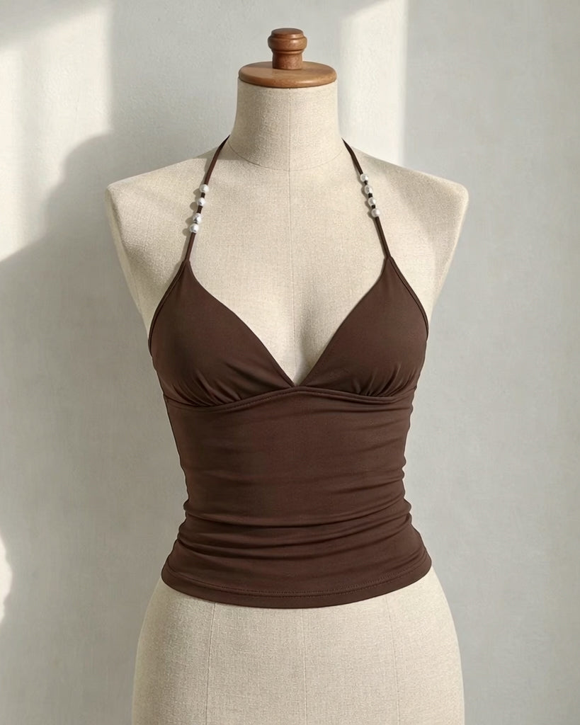 SORRY NOT SORRY BEADED BROWN HALTERNECK TOP