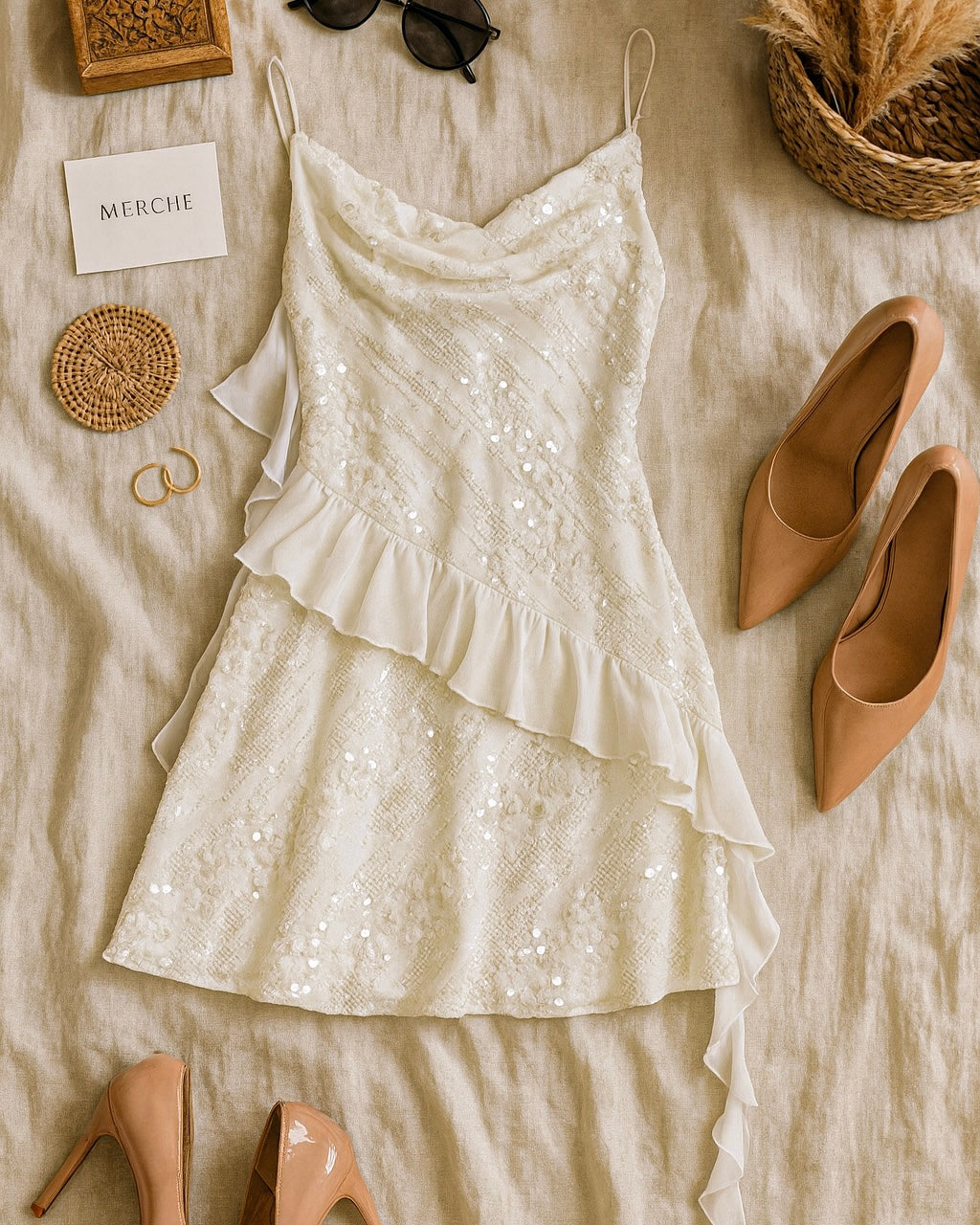 CALL US NOMADS GLITTER EMBELLISHED RUFFLE WHITE DRESS