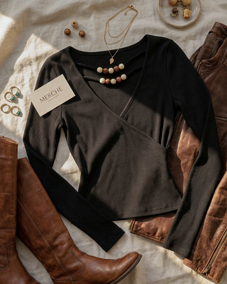 COLLEGE CRUSH BEADED RIBBED LUXE BLACK TOP