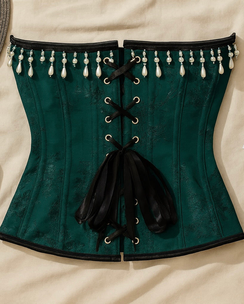 CALL HER ROYALTY PEARL DETAIL LUXE EMERALD CORSET