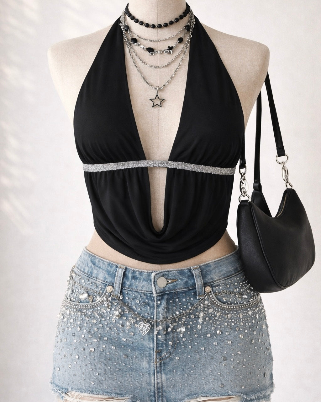 VIRAL MOMENT BACKLESS COWL SILVER STRAP HALTERNECK TOP