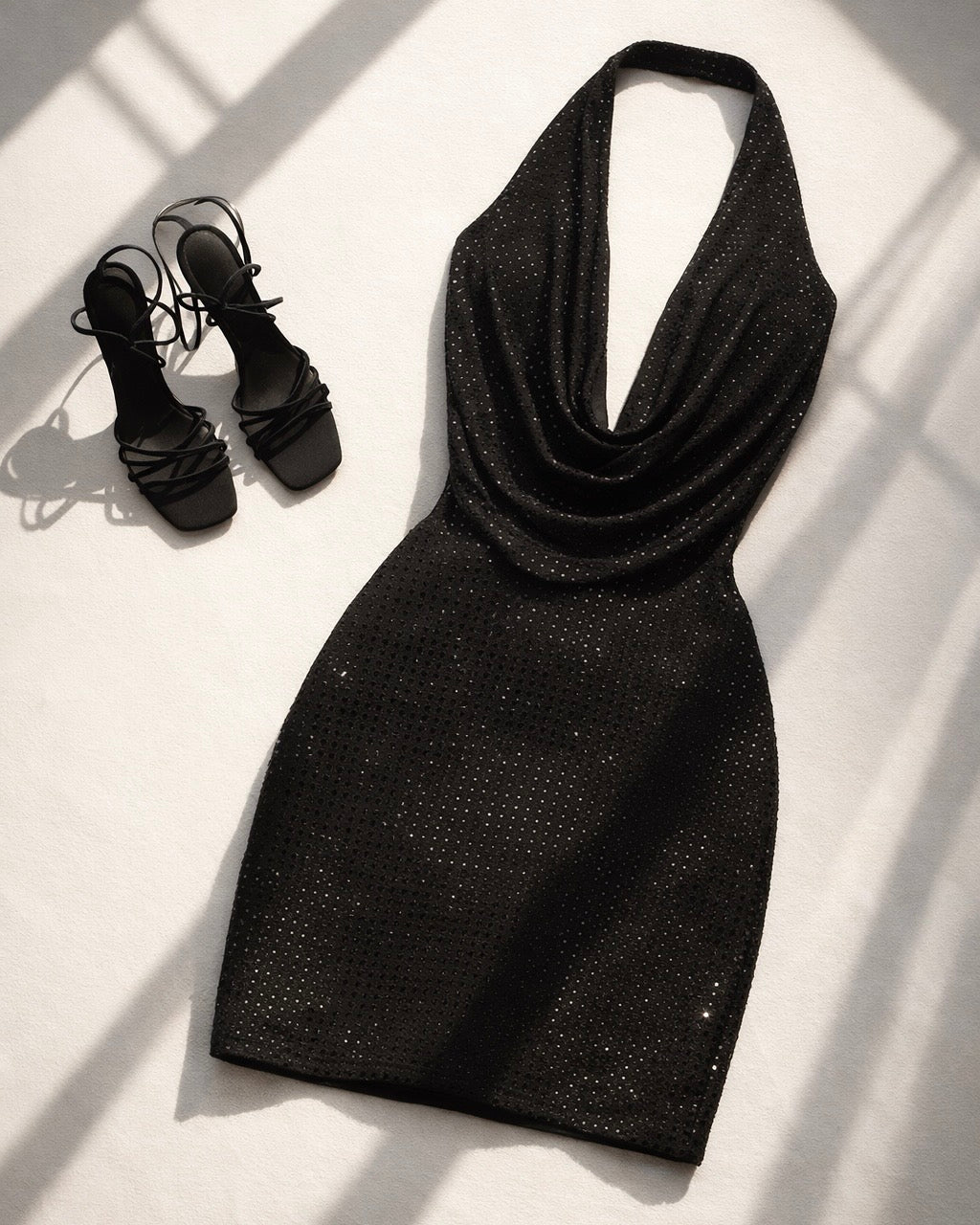 ALL THAT JAZZ RHINESTONE EMBELLISHED DRAPED LUXE HALTERNECK DRESS