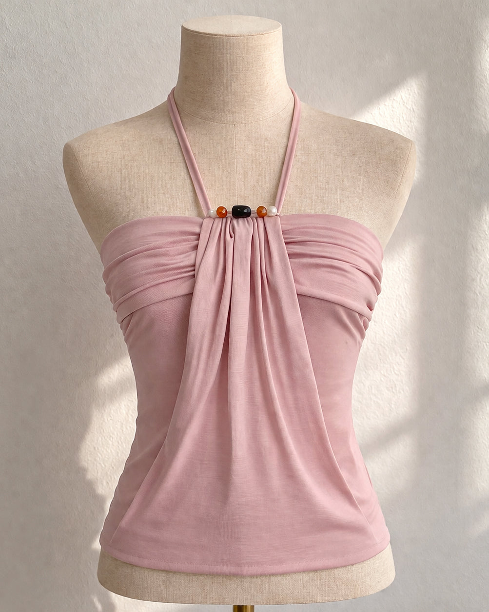 TAN LINES BEADED DRAPE PINK TIE-UP TOP