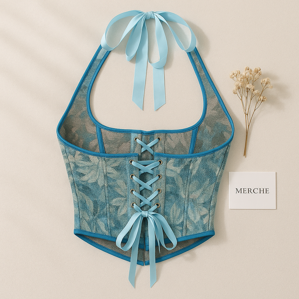 SCANDAL ERA BLUE FLORAL JACQUARD CORSETRY HALTERNECK TOP