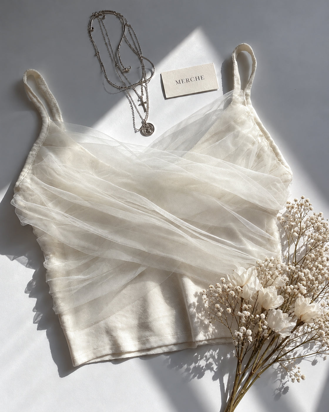 WINGS OF MINE MESH DRAPE WHITE CAMI TOP