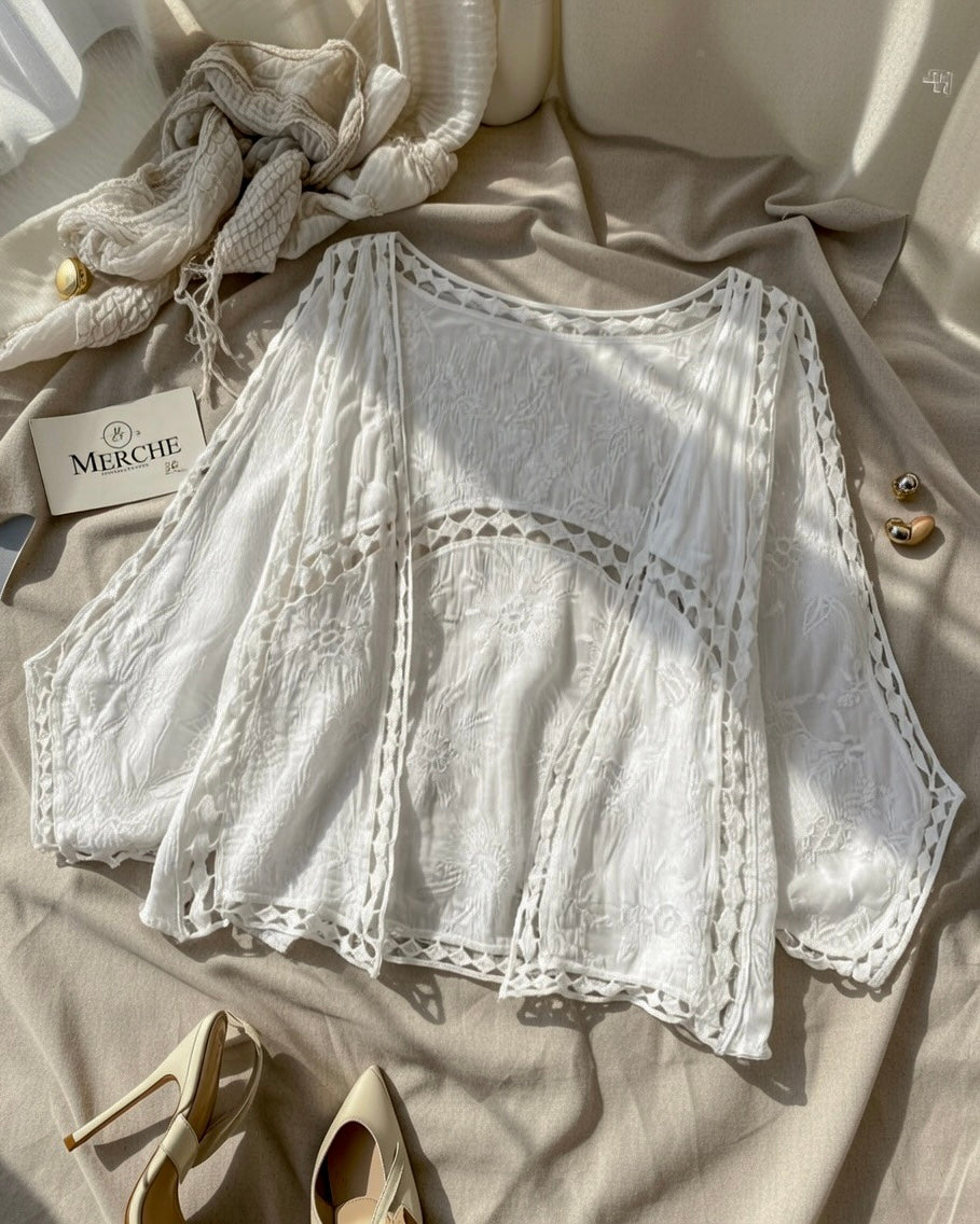 VACAY WITH ME BEIGE MOTIF SHRUG