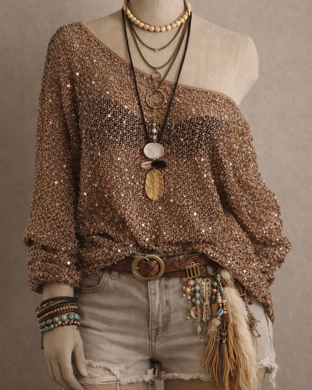 HELLO SERENA LUXE SEQUIN EMBELLISHED KNITTED BROWN TOP
