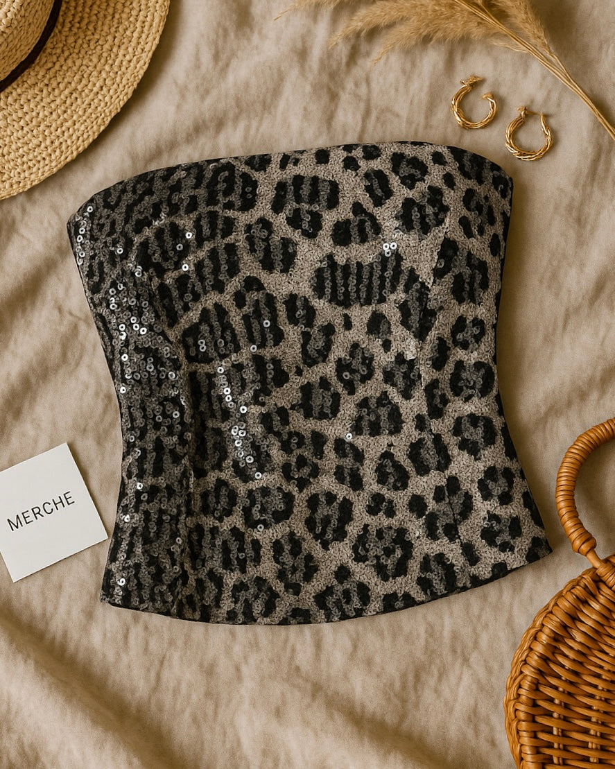 GOOD GIRL MOVES GREY PRINTED SEQUIN LUXE BANDEAU TOP