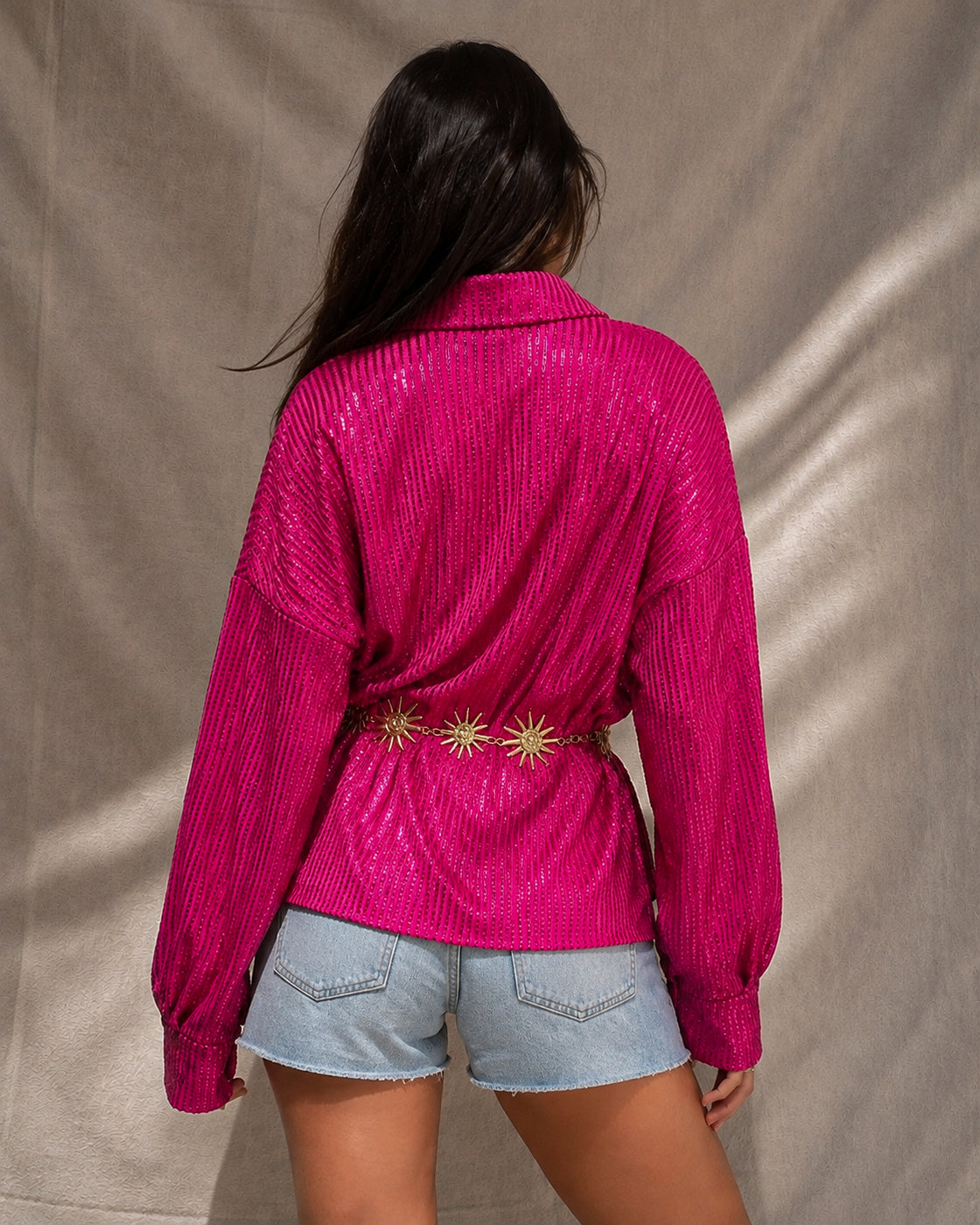 CAUGHT MY ATTENTION PINK SEQUIN LONG SHIRT