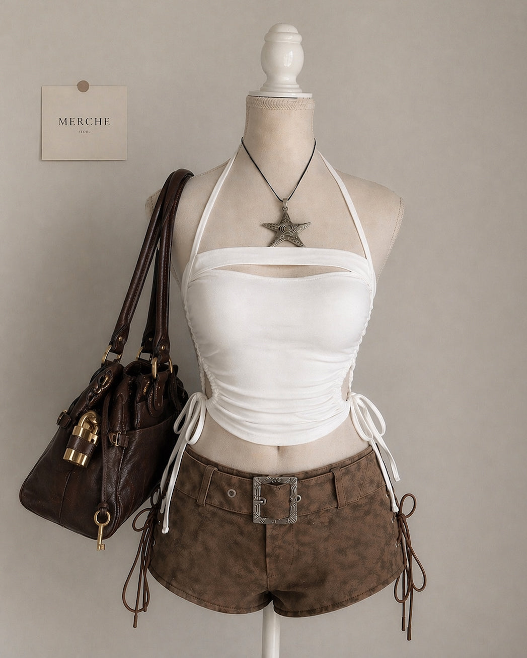 COOL MUSE SIDE CUT-OUT DRAWSTRING PADDED WHITE HALTERNECK TOP