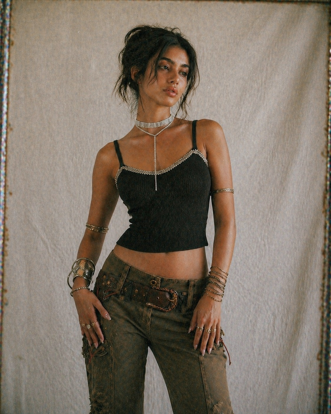 SICILY NIGHT RHINESTONE EMBELLISHED BLACK TOP