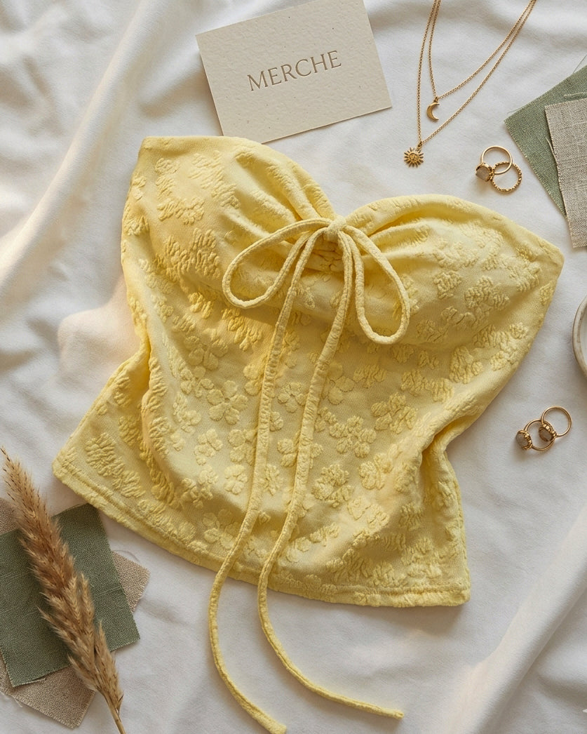 TEMPT ME NOT LEMON CREAM DRAWSTRING BANDEAU TOP