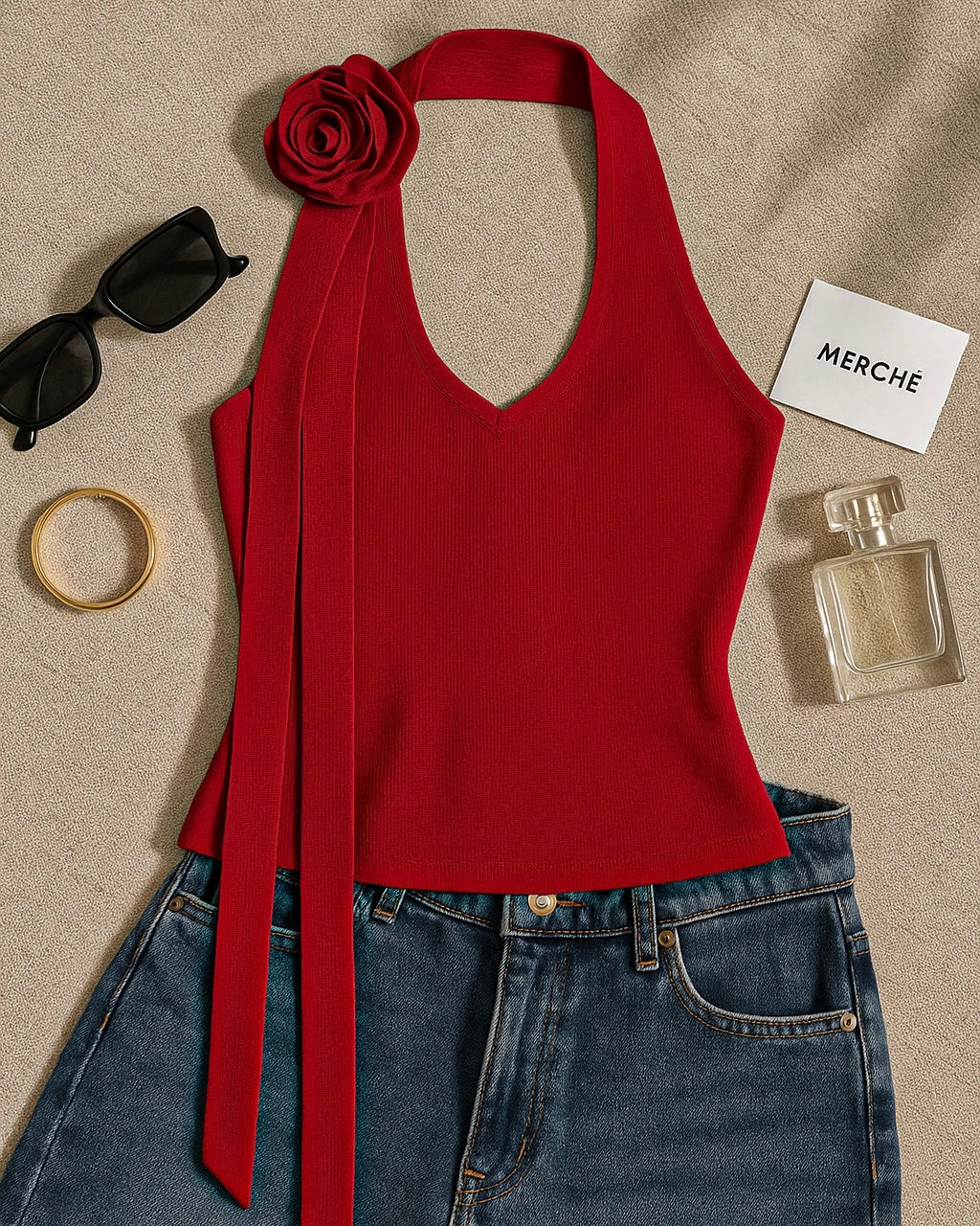 STAYCATION LIFE ROSE APPLIQUE LUXE RED HALTERNECK TOP