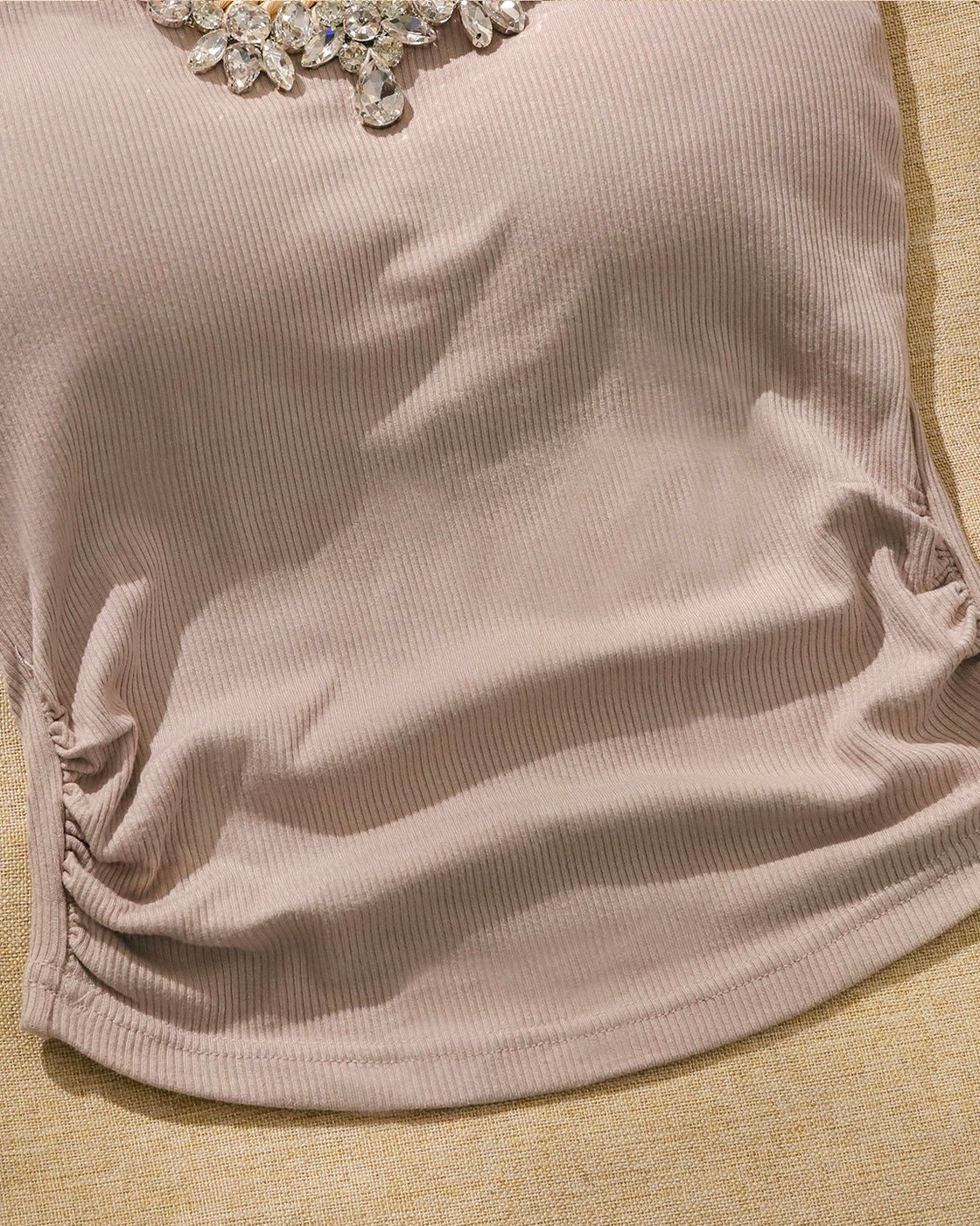 BISTRO LOVER DIAMOND EMBELLISHED PADDED TAUPE HALTERNECK TOP