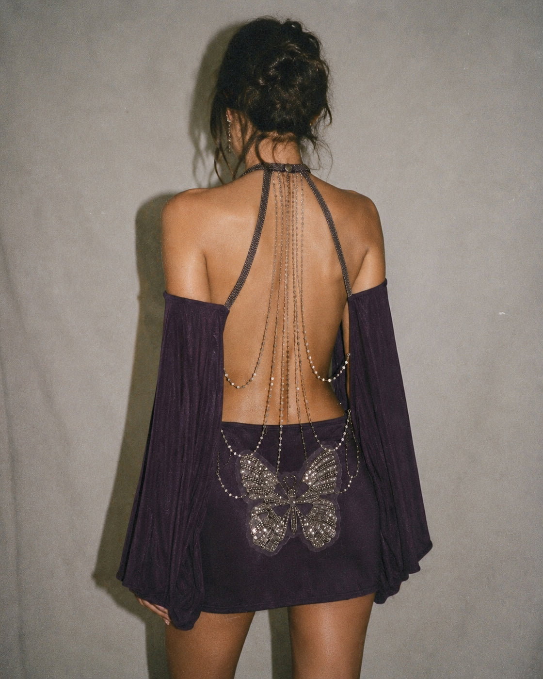 ICONS ONLY EMBELLISHED OPEN-BACK EMBROIDERED DEEP PLUM DRESS