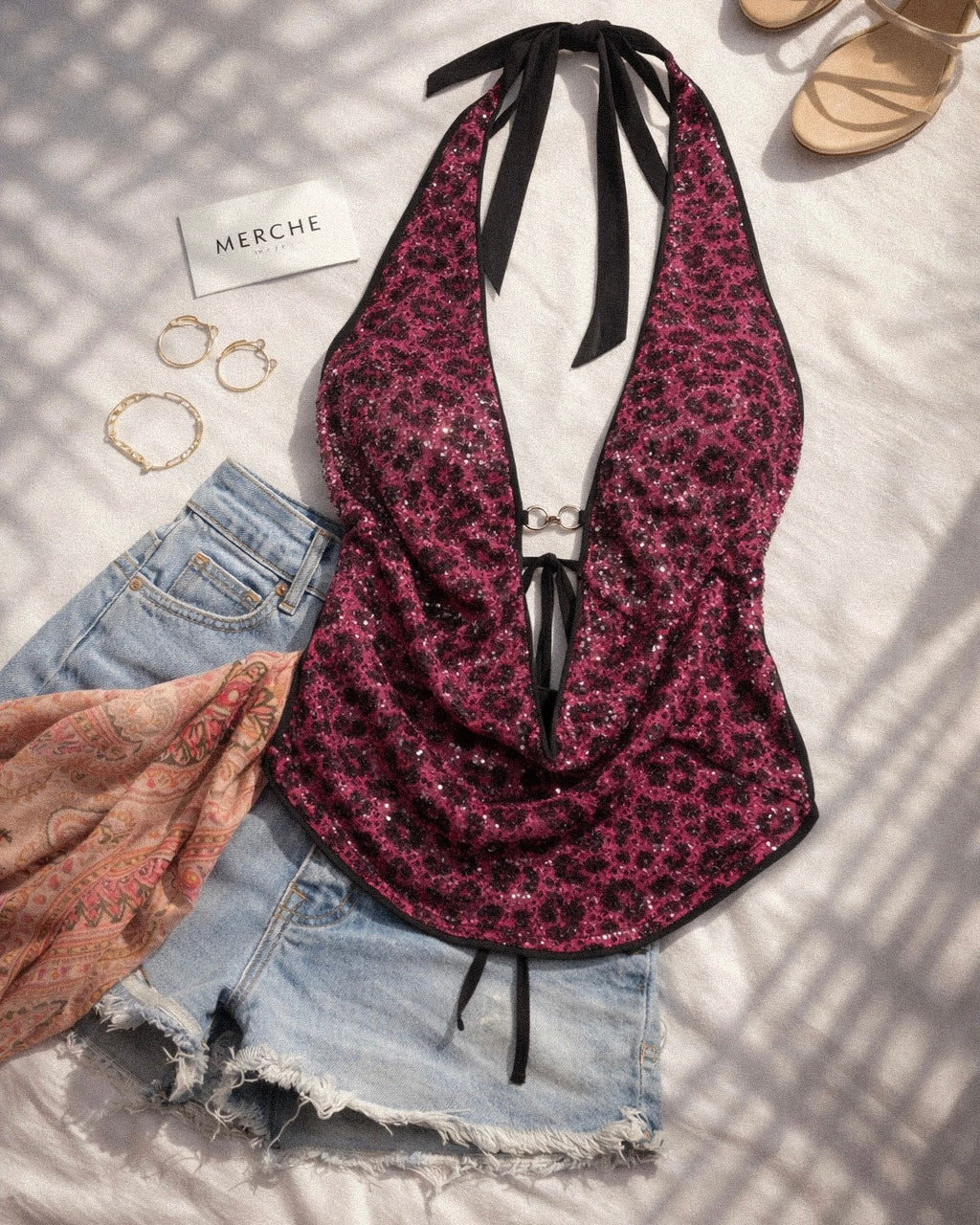 WORTH IT LUXE SEQUIN AND DIAMOND BROOCH EMBELLISHED PINK BACKLESS TOP