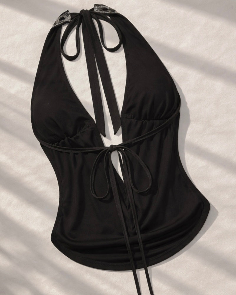 WORTH IT LUXE SEQUIN AND DIAMOND BROOCH EMBELLISHED BACKLESS GREY TOP