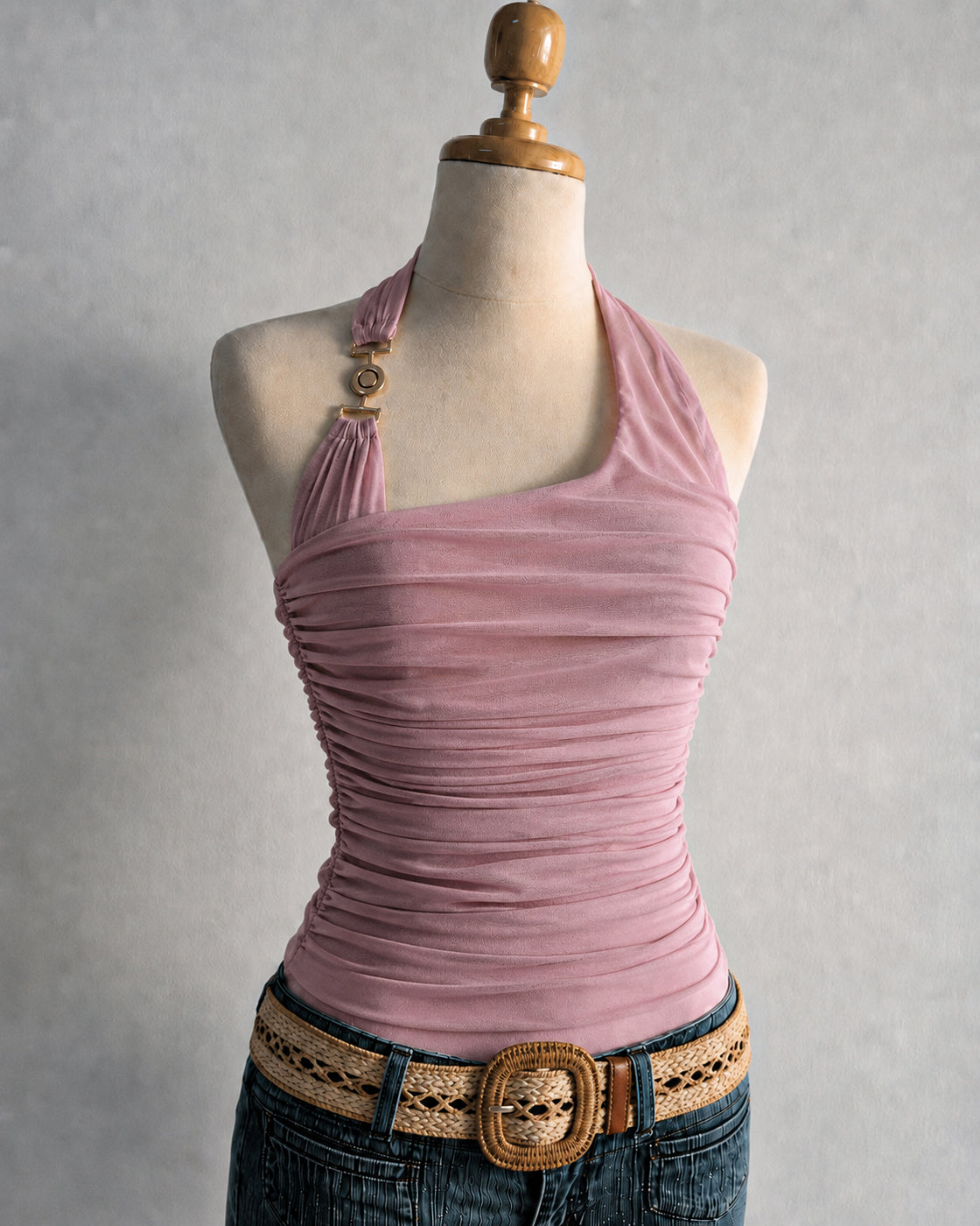 IBIZA SUMMER METAL DETAIL MESH DUSTY ROSE HALTERNECK TOP