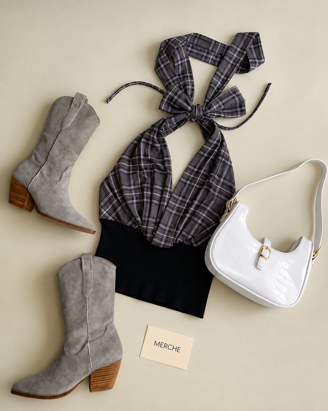 PLAID YOUR CARD PADDED COWL BOW-TIE BLACK HALTERNECK TOP