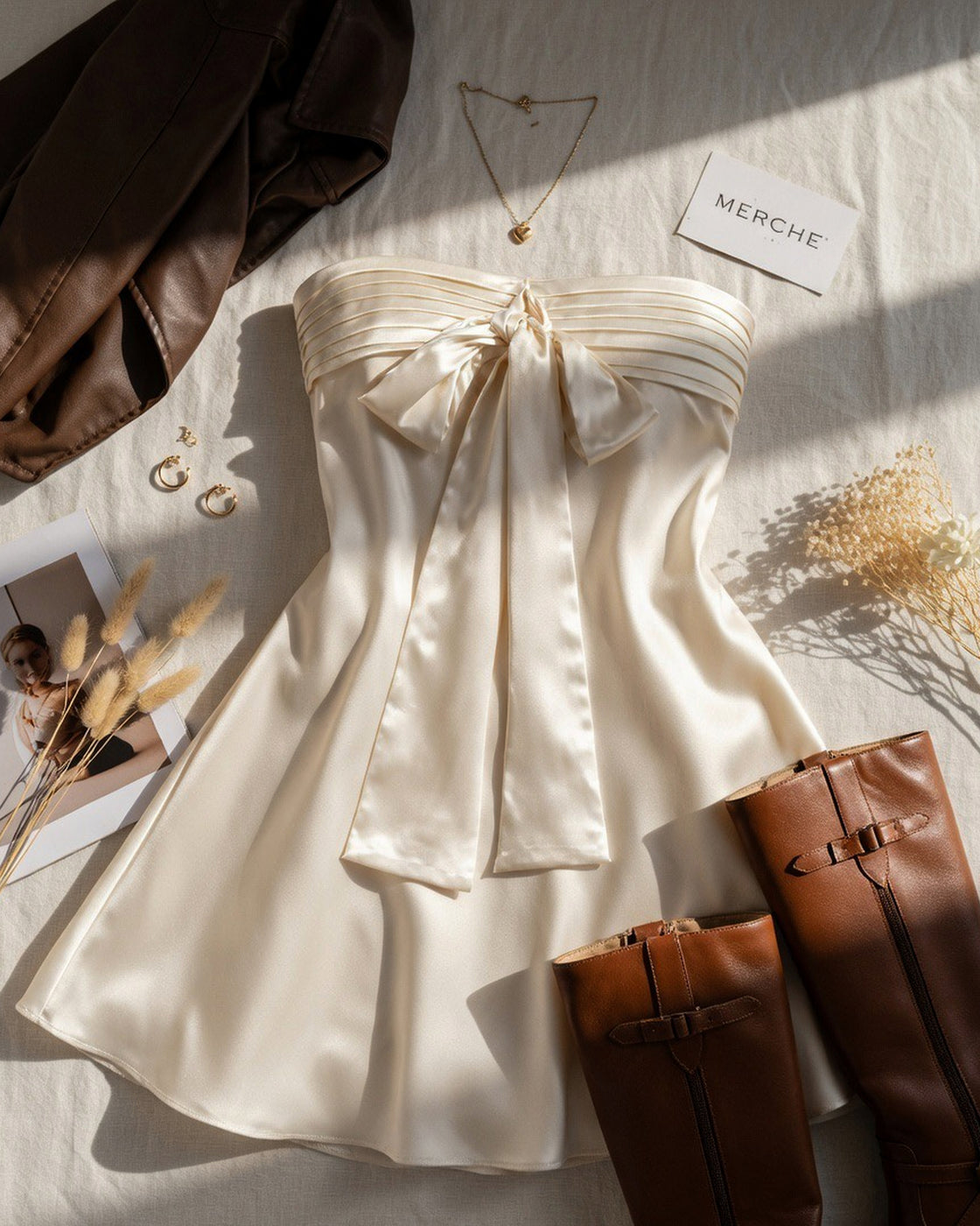 NO CROWN NEEDED SATIN IVORY BANDEAU DRESS