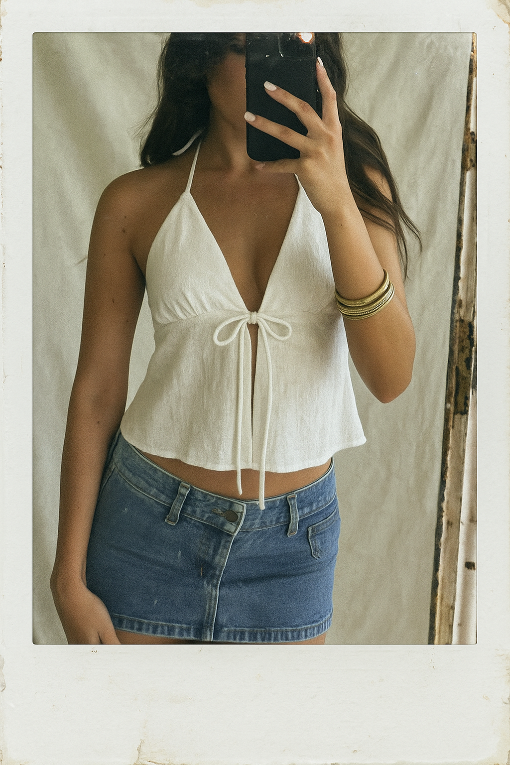 SAVAGE GIRL WHITE TEXTURED HALTERNECK TOP