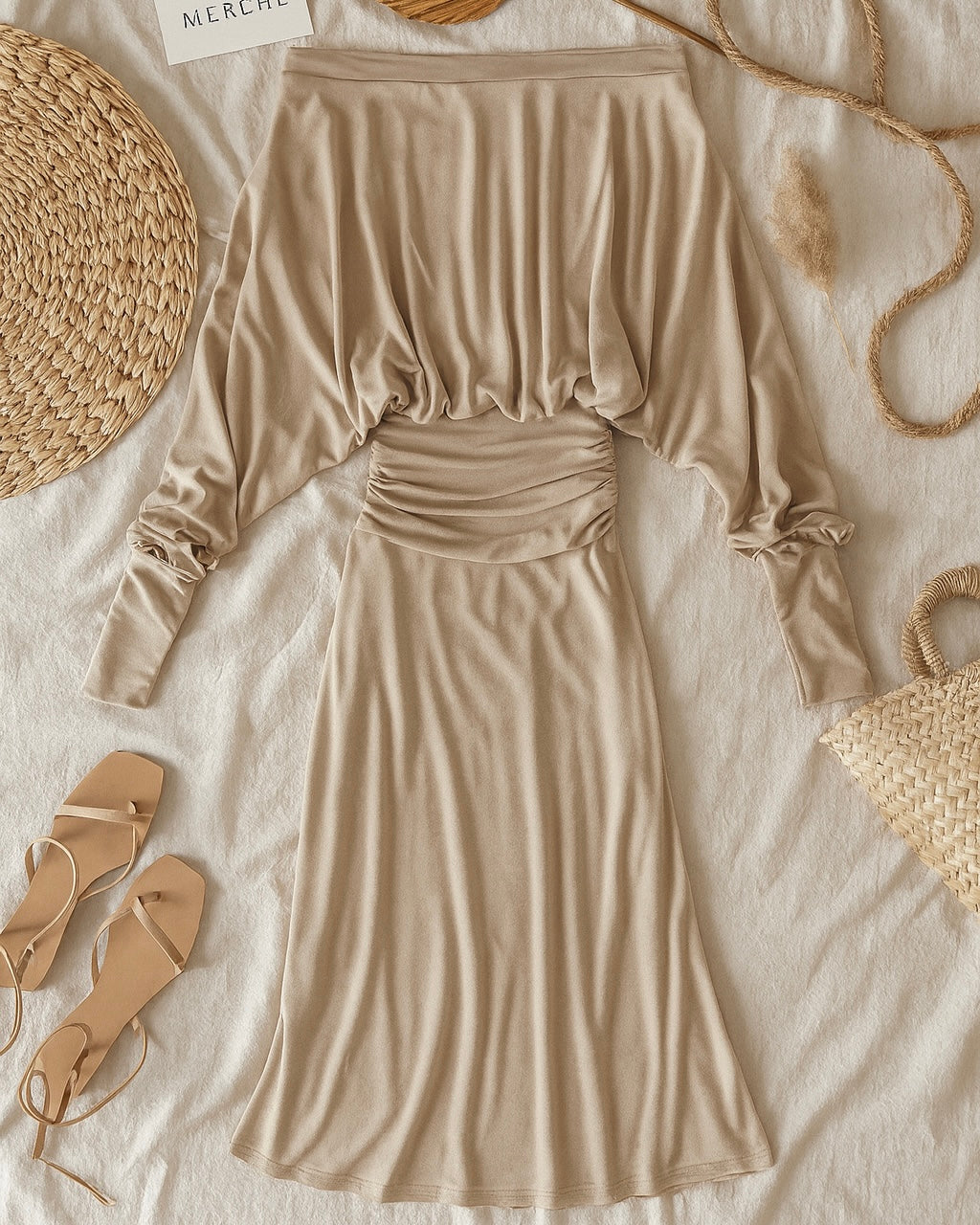 MYSTIC SOUL BEIGE OFF-SHOULDER DRAPED MAXI DRESS