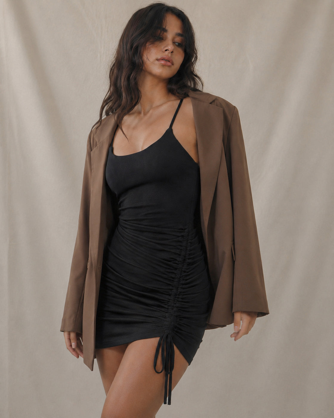 CABO NIGHT RUCHED DRAWSTRING SLIP DRESS