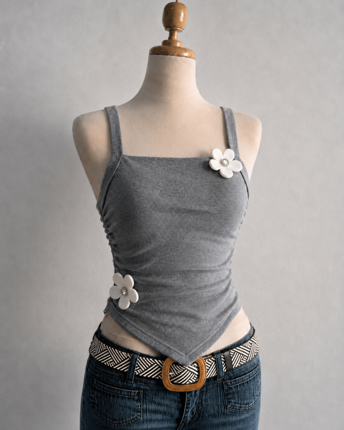 CUTE BUT FERAL APPLIQUE LUXE GREY ASYMMETRICAL CAMI TOP