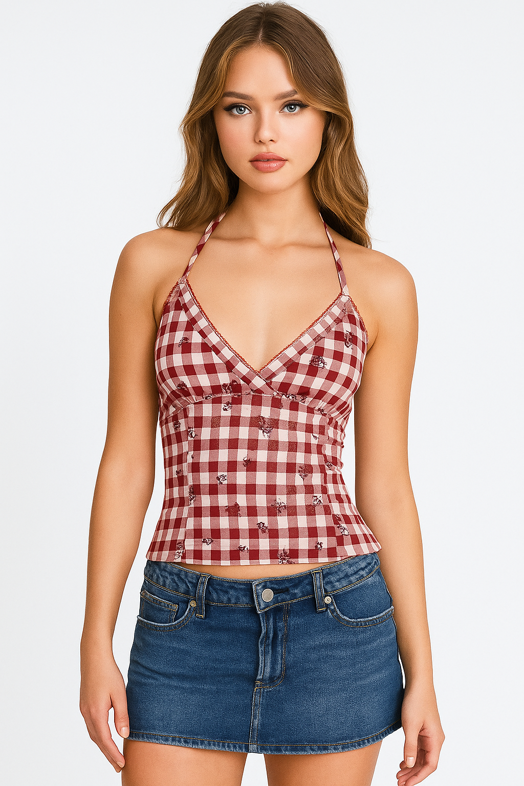ICED LATTE GINGHAM HALTERNECK TOP