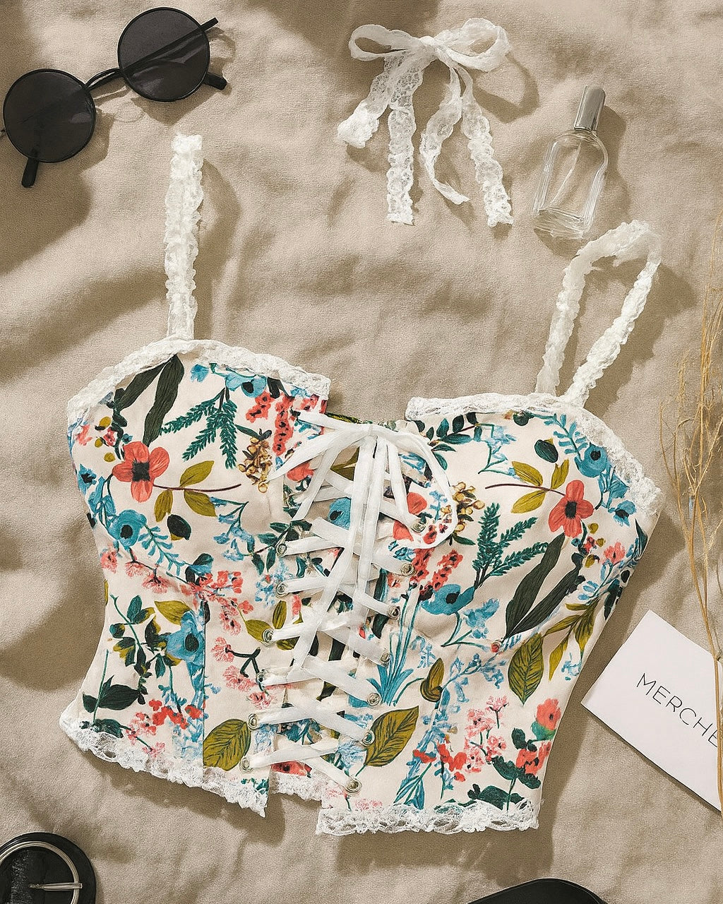 FEELING TOXIC PEACH FLORAL LACE-UP TOP
