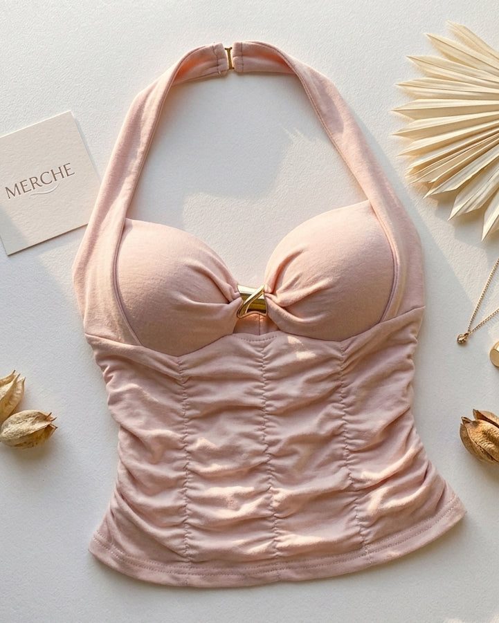 BROWNIE POINTS PADDED METAL DETAIL RUCHED BLUSH HALTERNECK TOP