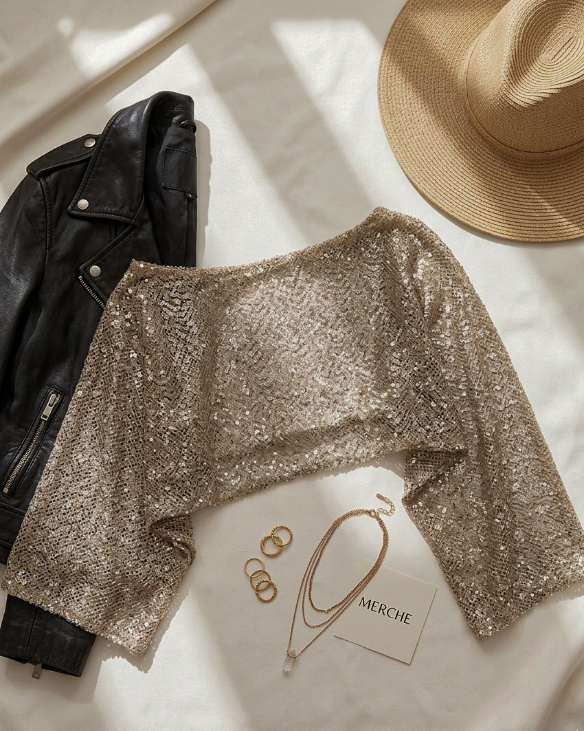LOCAL DIVA OFF-SHOULDER SEQUIN CHAMPAGNE GOLD TOP