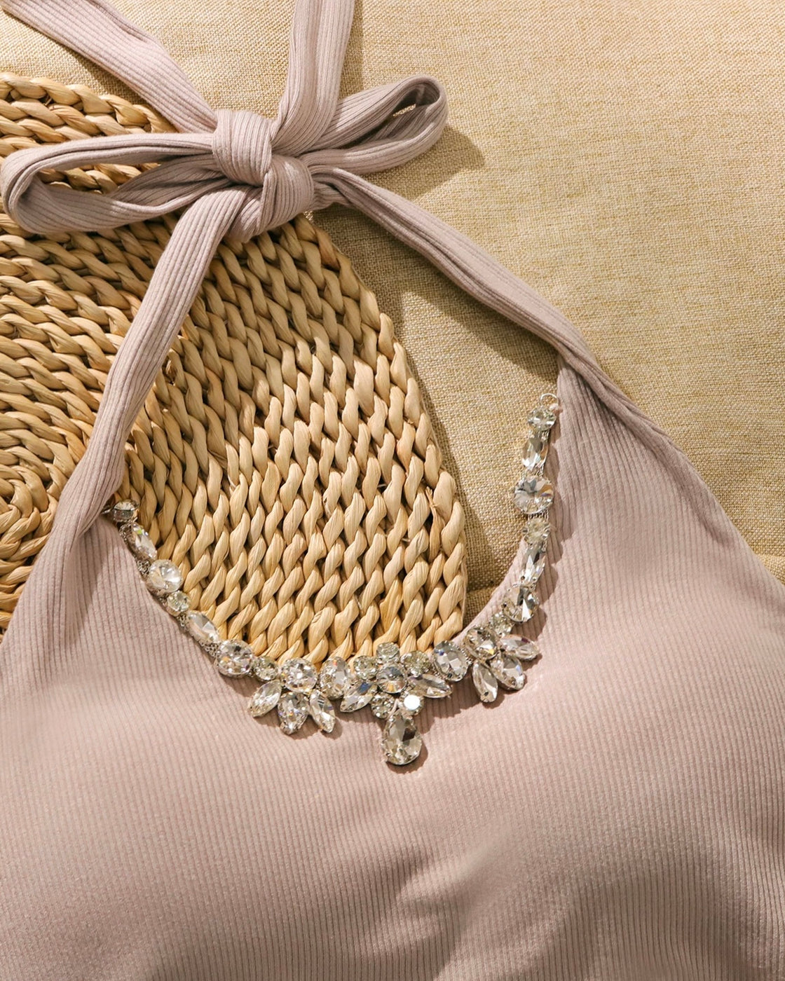 BISTRO LOVER DIAMOND EMBELLISHED PADDED TAUPE HALTERNECK TOP