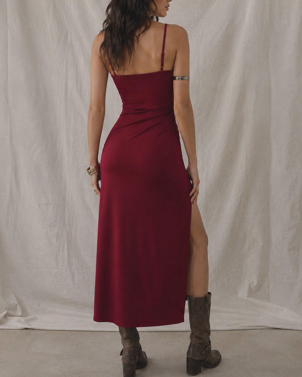 POSH MOVES LUXE SATIN RUCHED SIDE-SLIT RICH RED MIDI DRESS