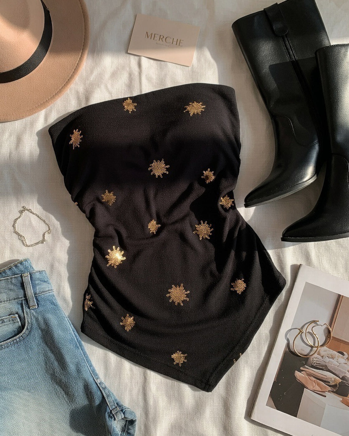 CANYON SOUL PADDED SEQUIN ASYMMETRICAL BLACK BANDEAU TOP