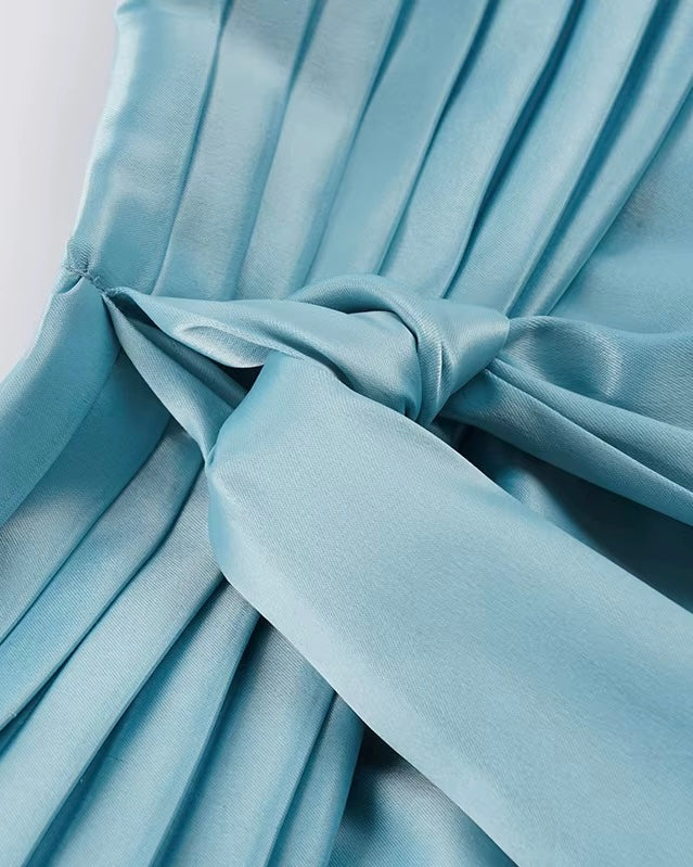 NO CROWN NEEDED SATIN POWDER BLUE BANDEAU DRESS
