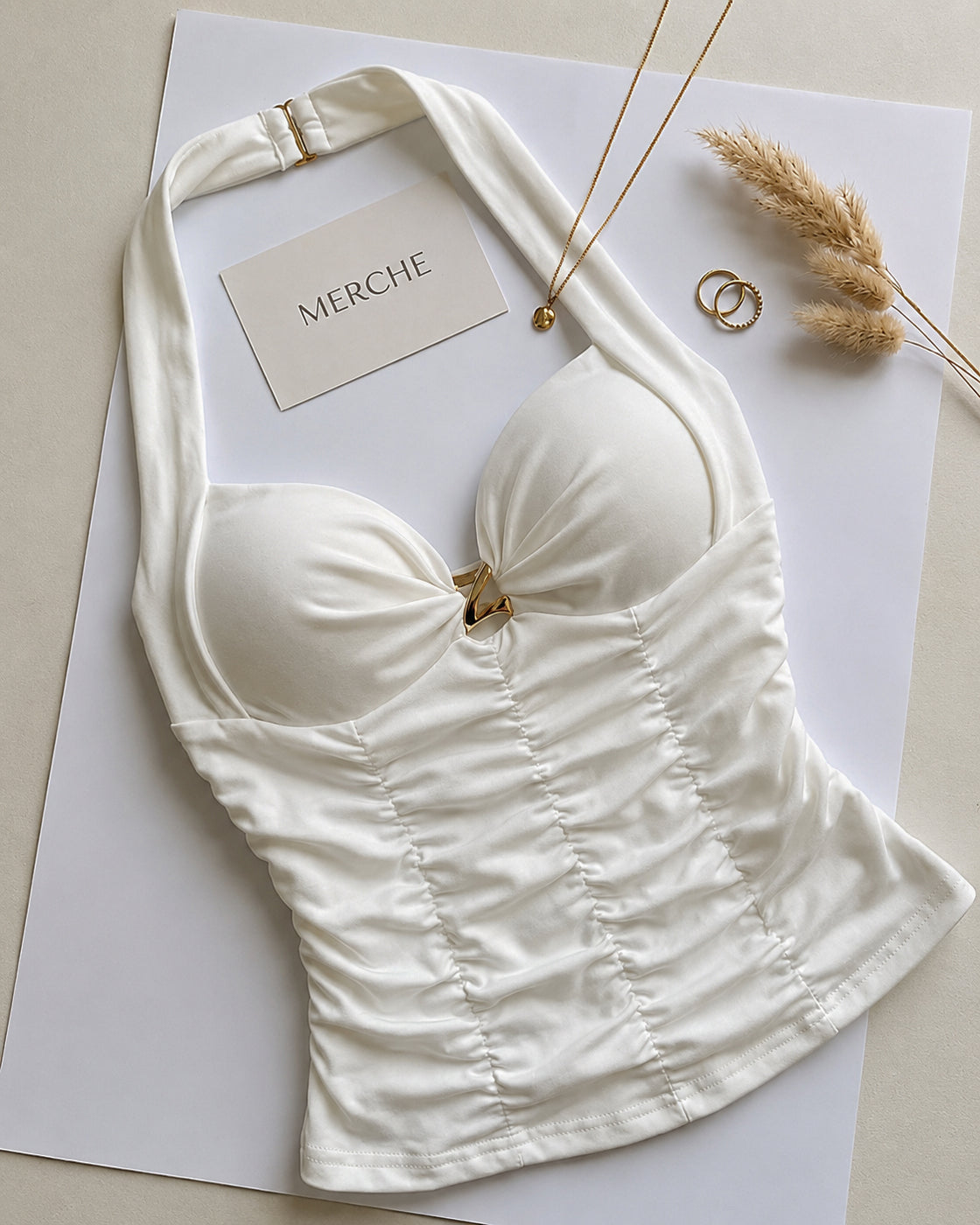 BROWNIE POINTS PADDED METAL DETAIL RUCHED WHITE HALTERNECK TOP