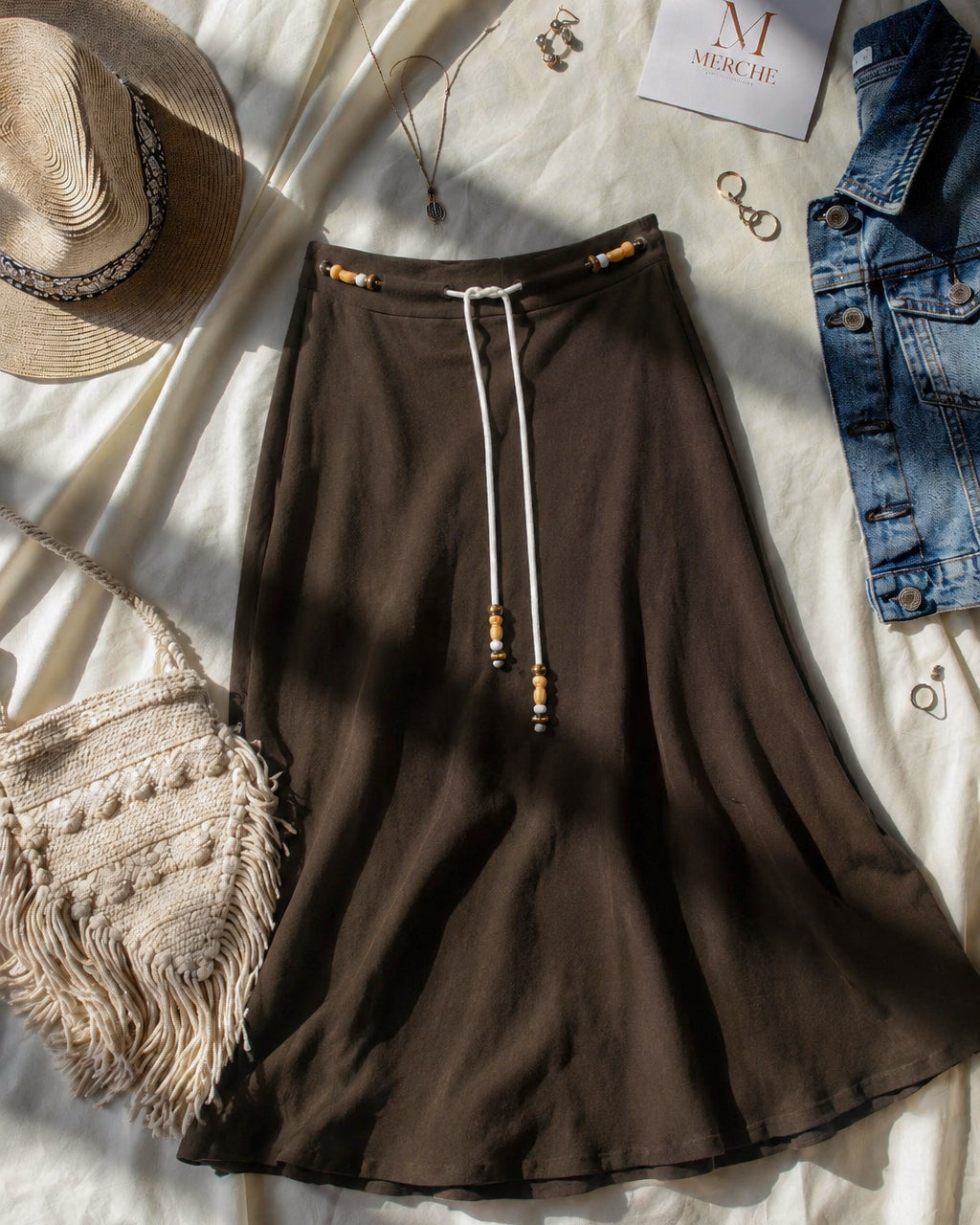 PARADISE BEACH BEADED LUXE BROWN MAXI SKIRT