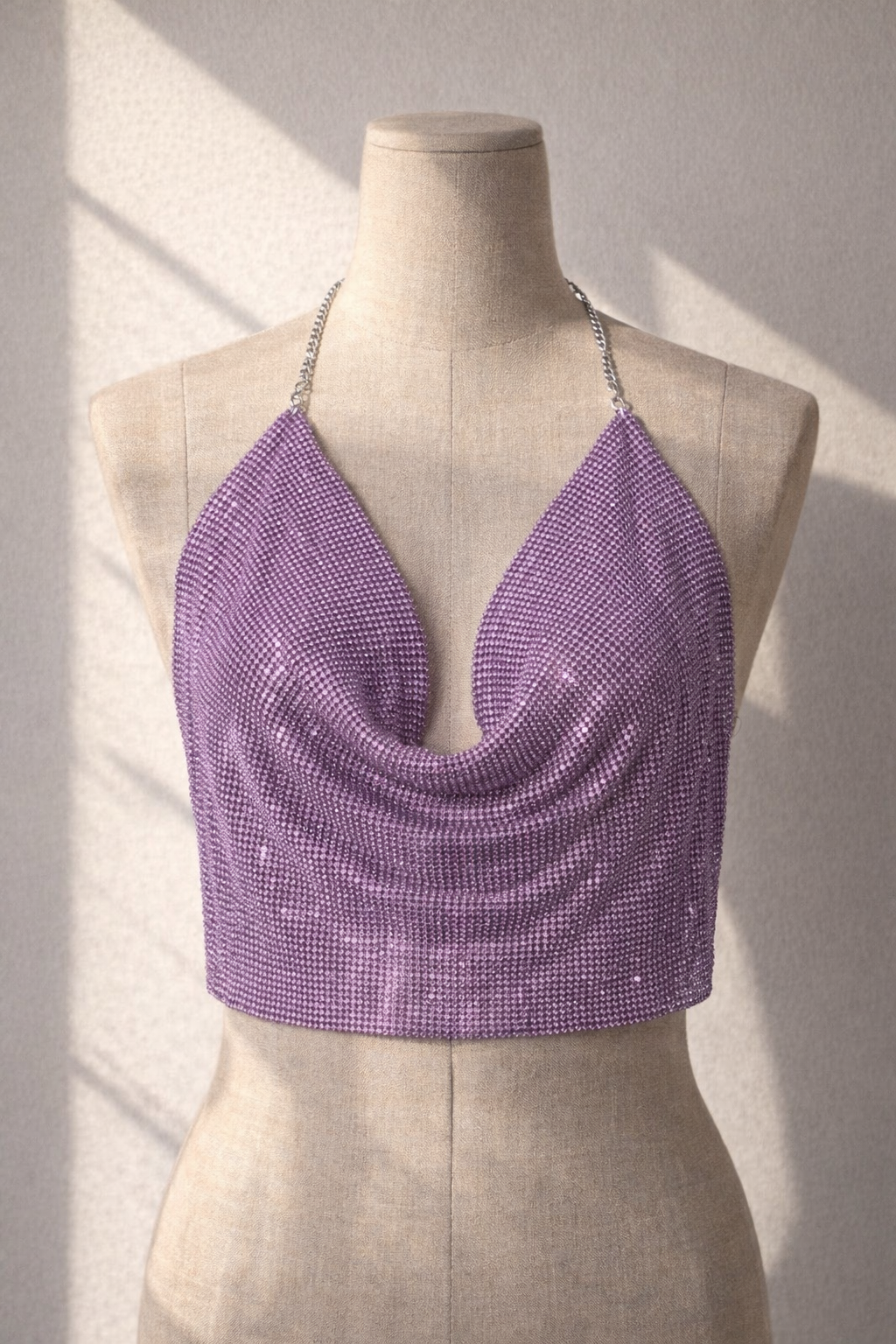 BEAT DROP METAL PURPLE RHINESTONE  HALTERNECK CHAIN TOP