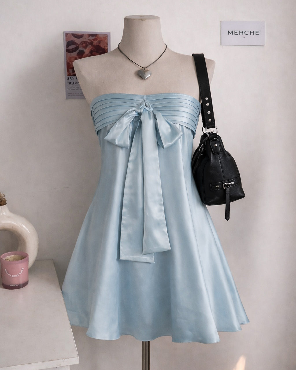 NO CROWN NEEDED SATIN POWDER BLUE BANDEAU DRESS