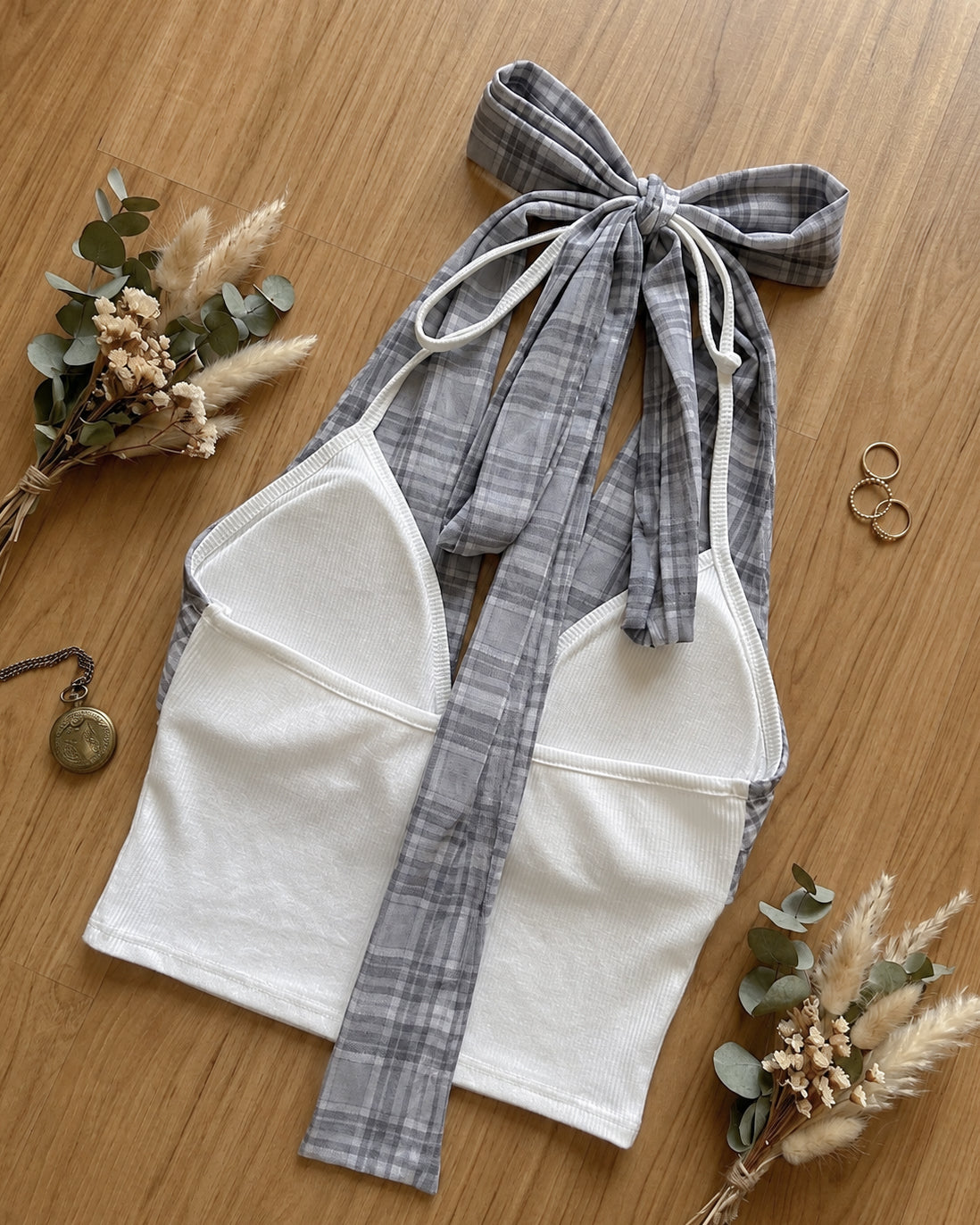 PLAID YOUR CARD PADDED COWL BOW-TIE HALTERNECK TOP
